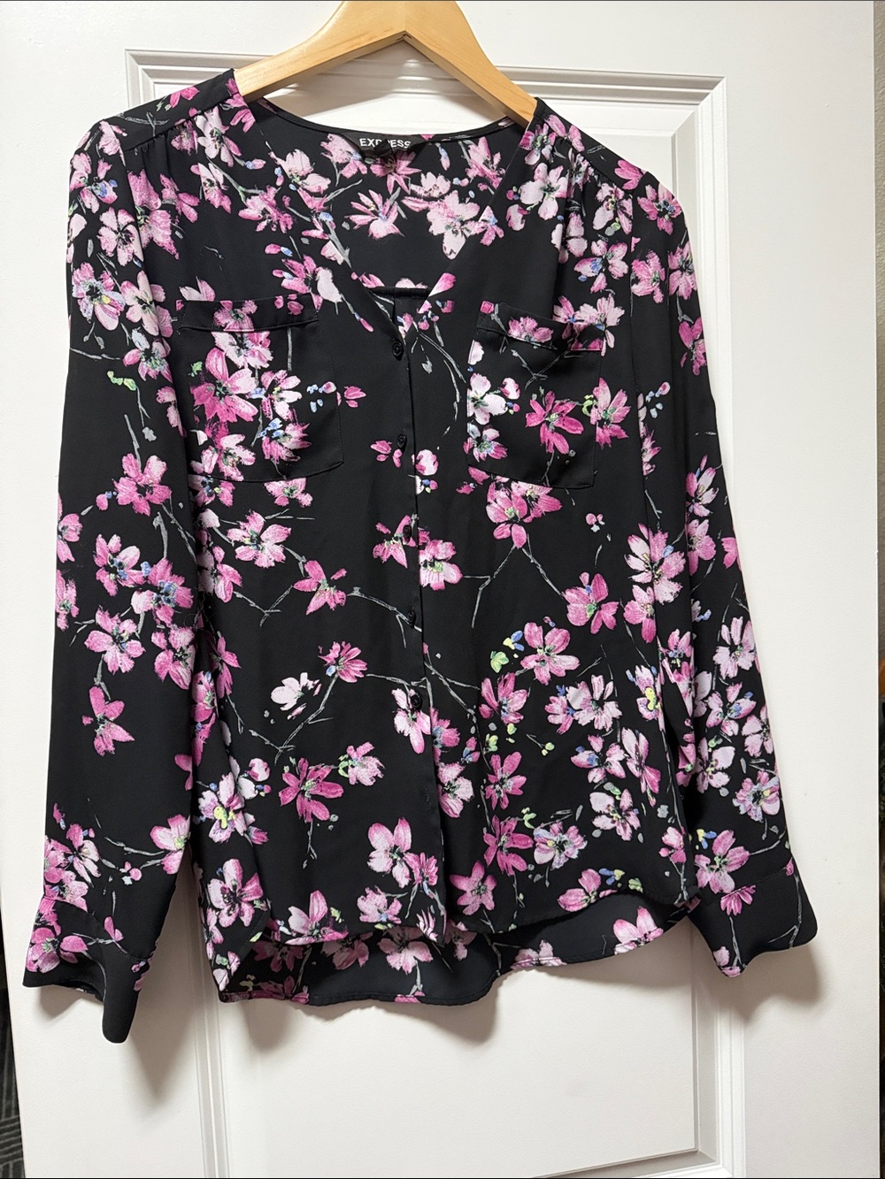 Express Black Blouse with Pink Floral Print